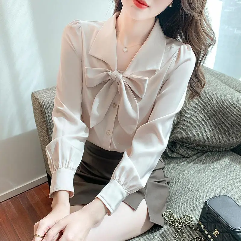 Bow Polo Neck Solid Color Office Blouse Spring Autumn Long Sleeve All-match Korean Shirt Tops Temperament Fashion Women Clothing