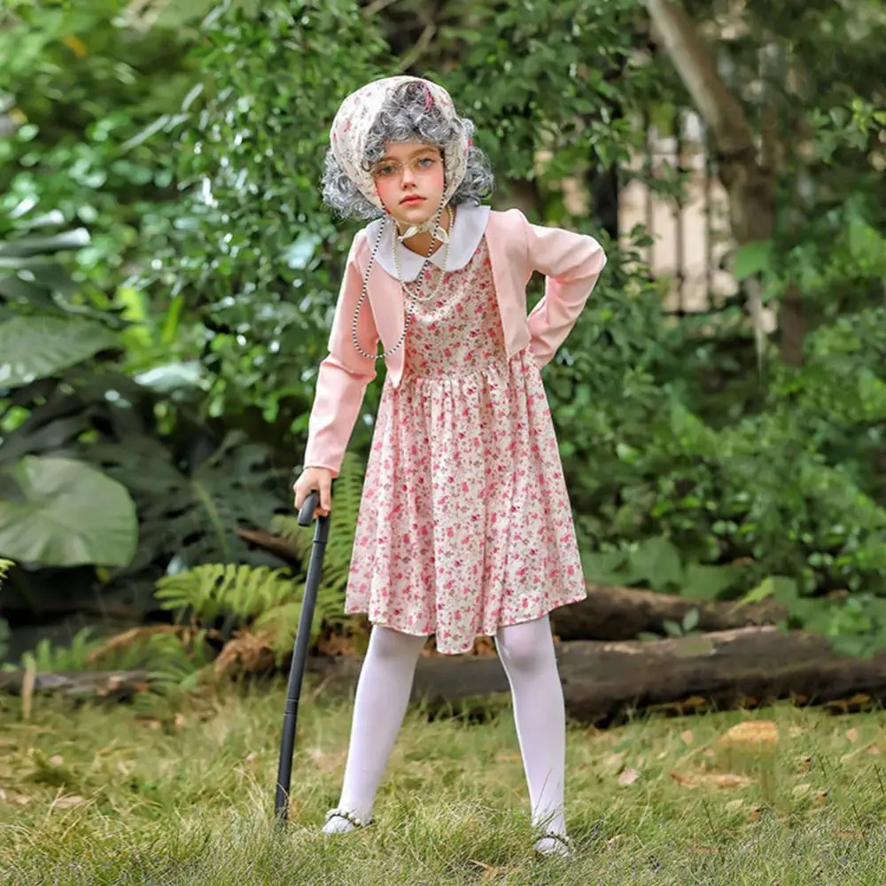 Vestido de abuela y abuela, conjunto de cosplay de 100 días escolares, disfraz de 100 días de escuela con bastón de peluca y otros accesorios para niñas