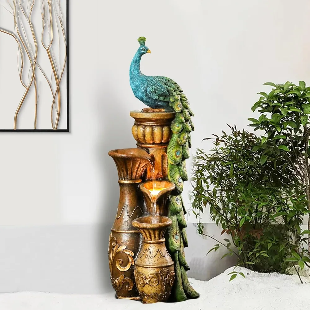 

Outdoor Water Fountain, 44 Inch Resin Peacock Water Fountain Outdoor with Urns and LED Light, Tall Fountains Outdoor for Garden
