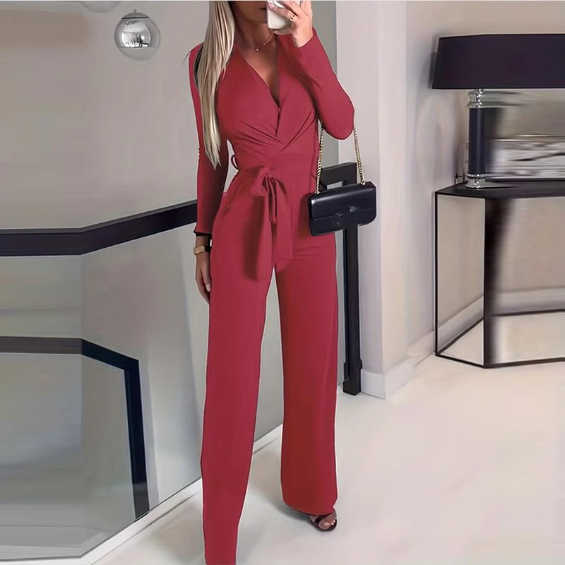 Casual Women's Long Sleeved Solid Color Commuting Playsuit Casual Street Straight Romper Vintage V Neck Tie Up Autumn Jumpsuit