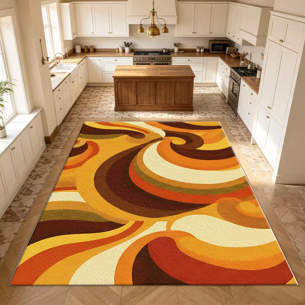 Retro Orange and Yellow Swirl Abstract Pattern Carpet, Mid-Century Modern Style Carpet, Indoor Home Decor Rug