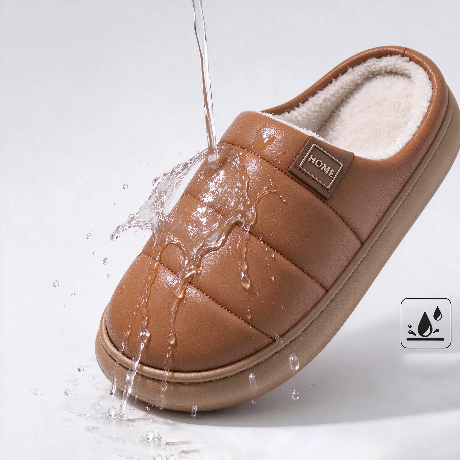 Men's Fashion Pu Leather Waterproof Platform Warm Slippers Soft Sole Anti Slip Home Slides Couple Plus Size Bread Cotton Shoes