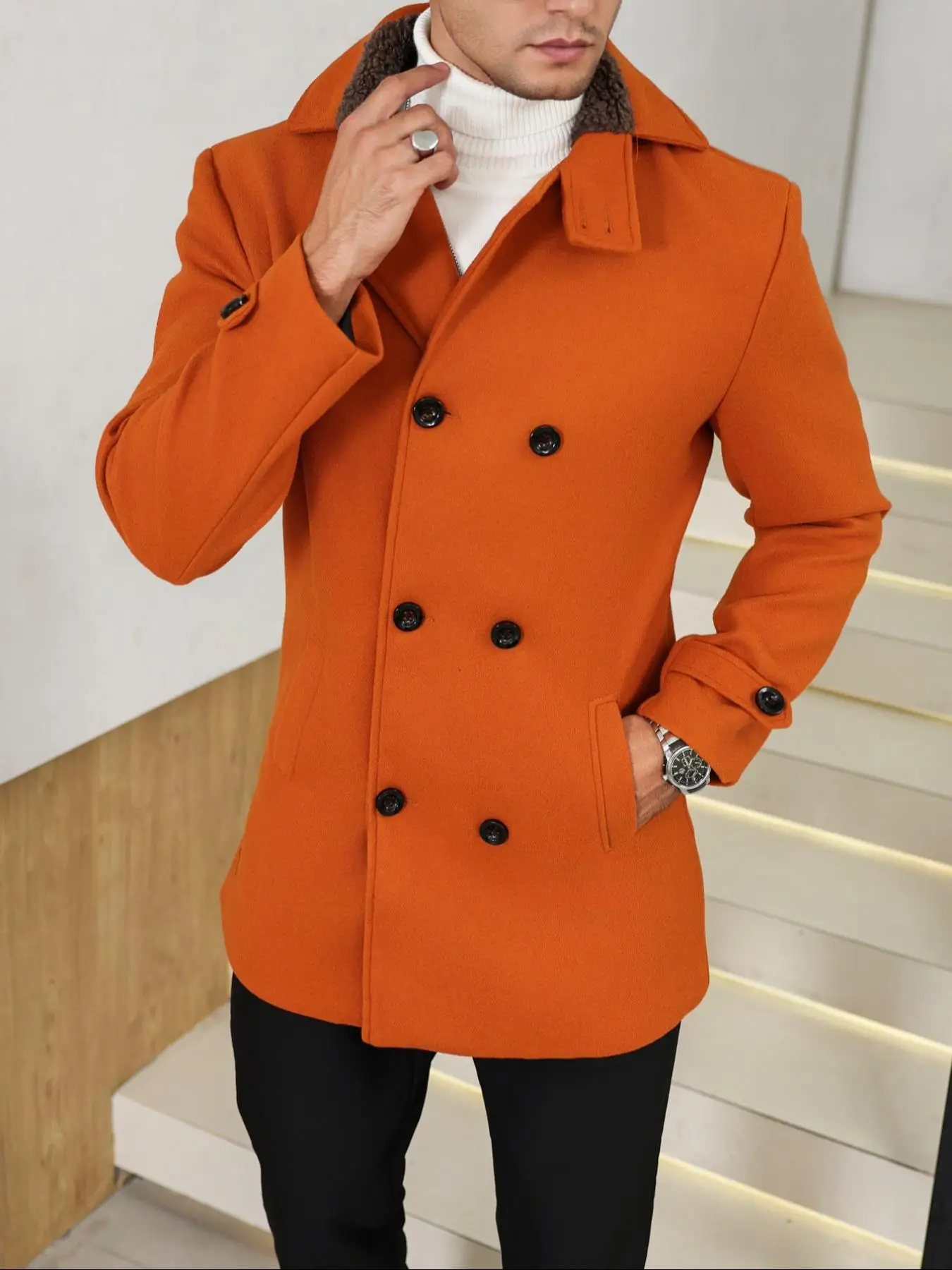 1 PCS Men's Woolen Overcoat, Open Front Coat with Fur Collar, Dual Button Design, Long Sleeve Casual Jacket with Pockets, Comfor
