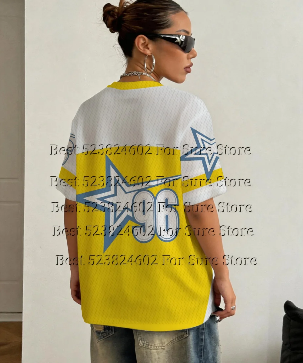 Women's Y2K Flame Print Mesh Football Tshirt Jersey Plus Size V Neck Color Block Streetwear Vintage Breathable Summer T Shirt