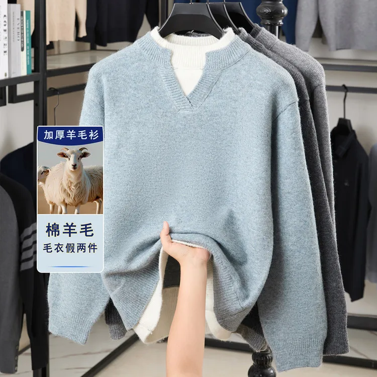 

Утолщенный шерстяной свитер, искусственный зимний новый мужской свитер с круглым вырезом, модный свитер с двойным подолом, повседневная однотонная нижняя рубашка