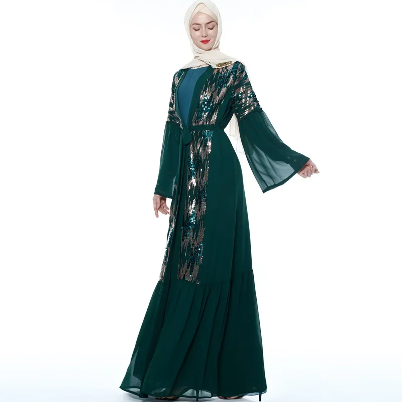 Muslim Dress Middle East Sequin Stitching Cardigan  Women Long Sleeve Chiffon  Open Dubai Abaya Turkey  Fashion