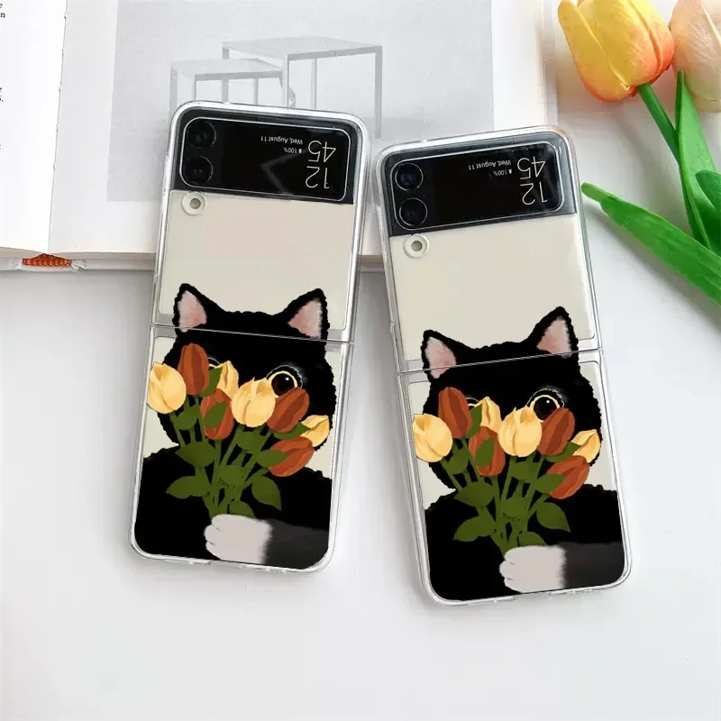 Interesting Cartoon Black Cat Case for Samsung Galaxy Z Flip 6 ZFlip 5 Transaprent Clear Cover for Samsung ZFlip 4 Z Flip3 Funda