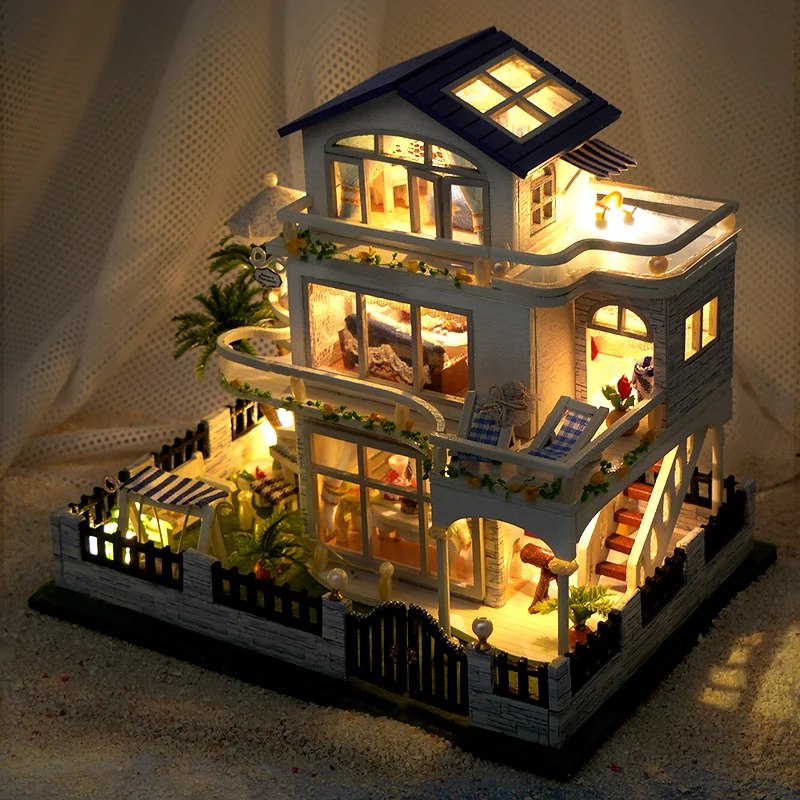 New Diy Wooden Mini Seaside Villa Miniature Building Kits Doll Houses With Furniture Casa Dollhouses For Friends Birthday Gifts