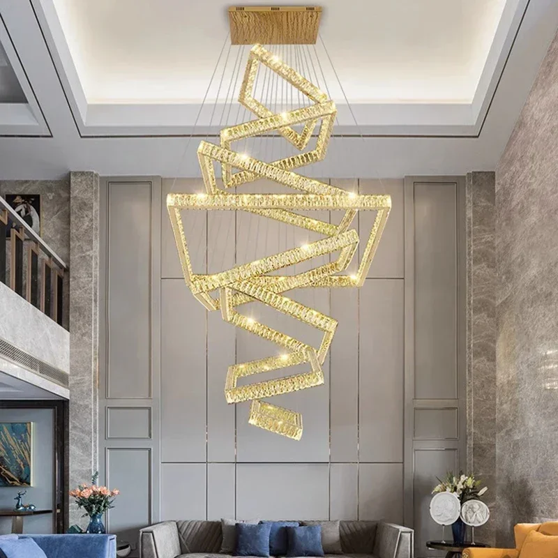 Golden luxury square crystal chandelier living room LED chandelier hotel lobby adjustable wire ceiling square crystal chandelier