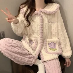 Princess Style Pajamas Women Autumn Winter Coral Velvet Plush Thick Loungewear Suit Student Dormitories Lazy Style Home Clothes