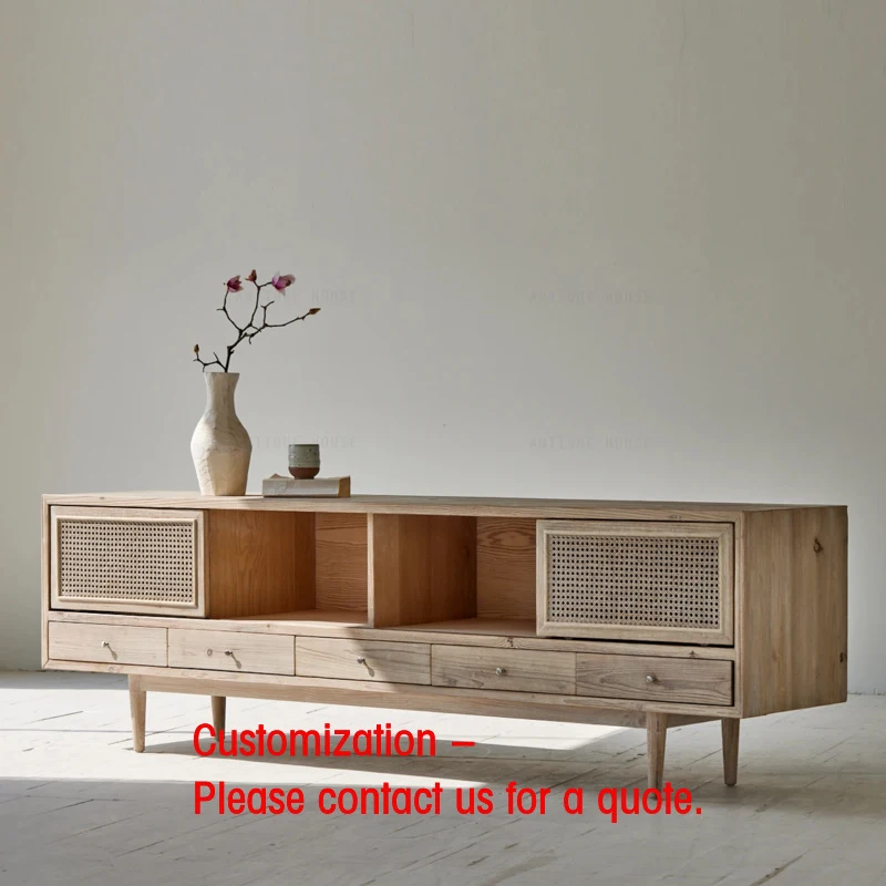 custom.Farmhouse Boho  Style Organic Furniture Vintage Natural Design 5 Drawer Rattan Entertainment TV Stand  Unit Storage Side