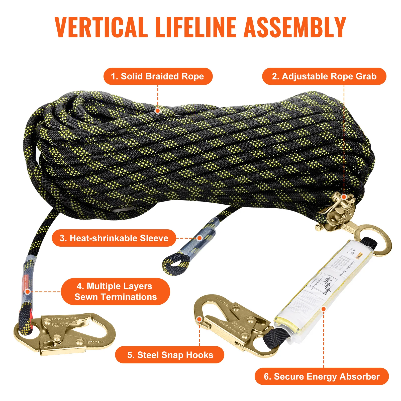 VEVOR Vertical Lifeline 150ft Outdoor Climbing Rope 30KN Breaking Tension Static for Escape Outdoor Adventures and Lumbering