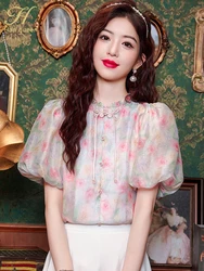 H Han Queen New Summer Prints Short Sleeve Women Shirts And Blouses Vintage Work Casual Top Chiffon Simple Loose Elegant Blouse