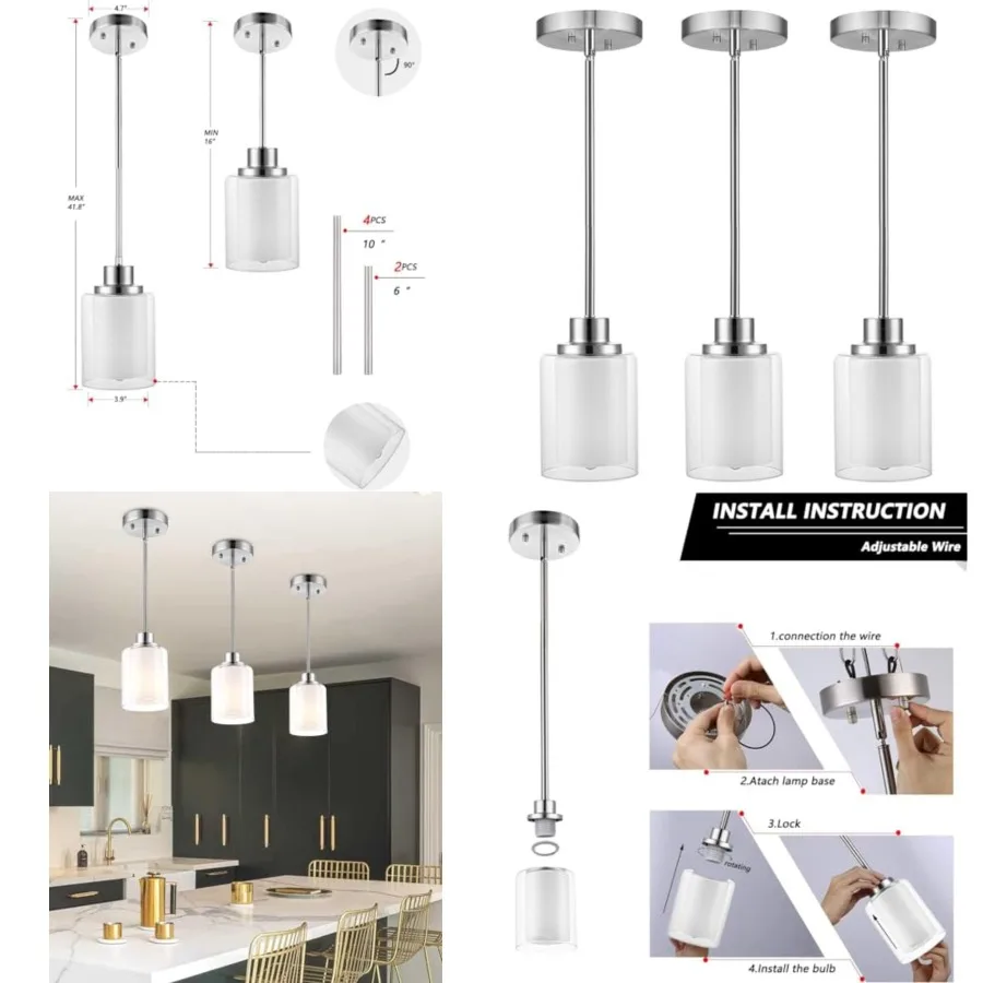 

1-Light Mini Pendant Light Fixtures, 3 Pack Modern Brushed Nickel Hanging Ceiling Light with, Adjustable Height
