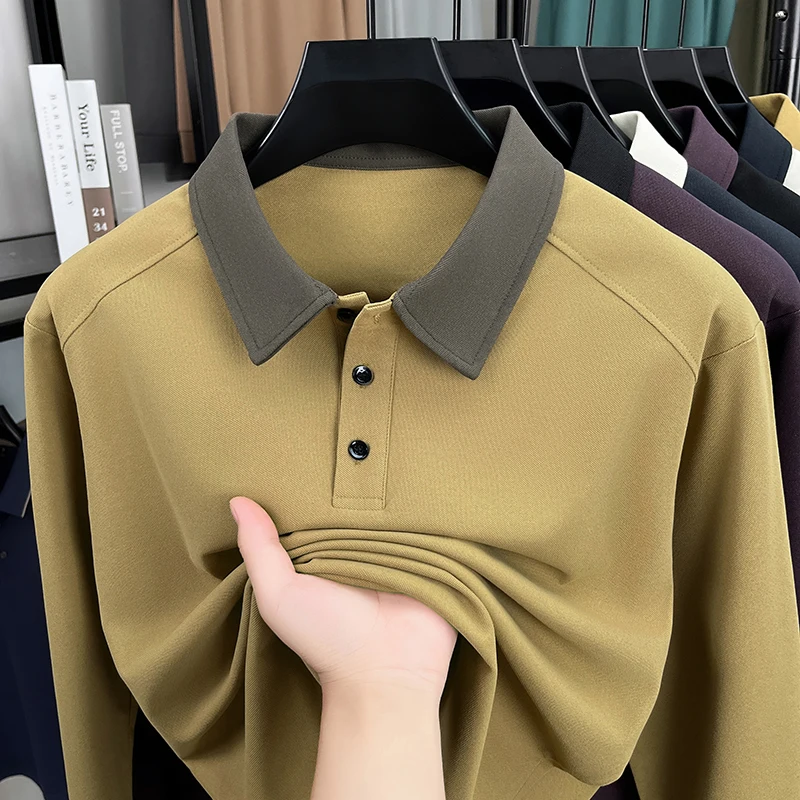 الاتجاه الفاخر طويلة الأكمام الرجال قميص بولو عالية الجودة اللون منعت التلبيب الربيع الخريف تي شيرت الكورية نمط الأعمال رداء علوي غير رسمي #4