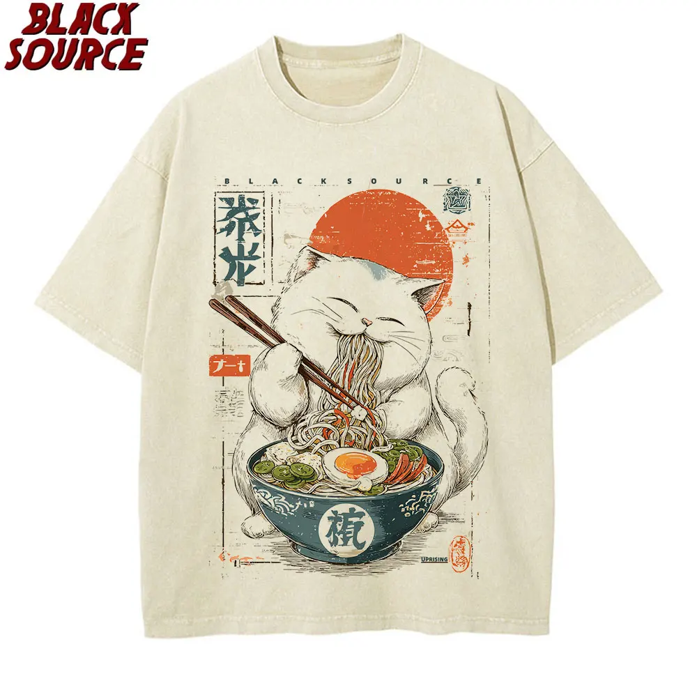 T0220 Cute Ramen T Shirts for Men Japanese Cat T-shirt Summer Cotton Short Sleeve Graphic T Shirts Unisex Clothing Cartoon