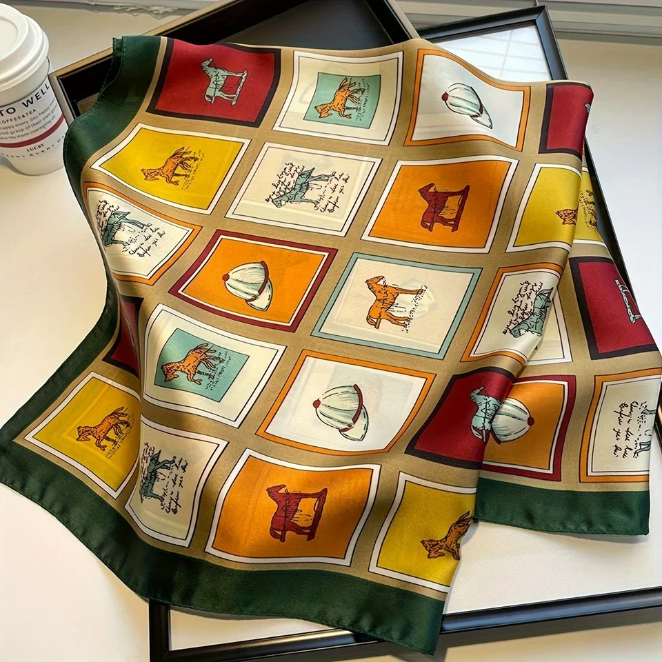 

27.55" Grid Horse Print Square Scarf Simulated Silk Neck Scarf Stylish Sunscreen Headscarf For Women