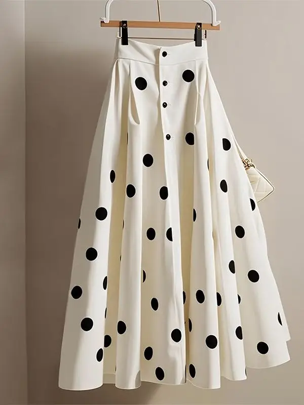 White Polka Dot Maxi Skirt Women's Long A-Line Summer 2025 New Small Size High-End Feeling Elegant Slimming Korean Style