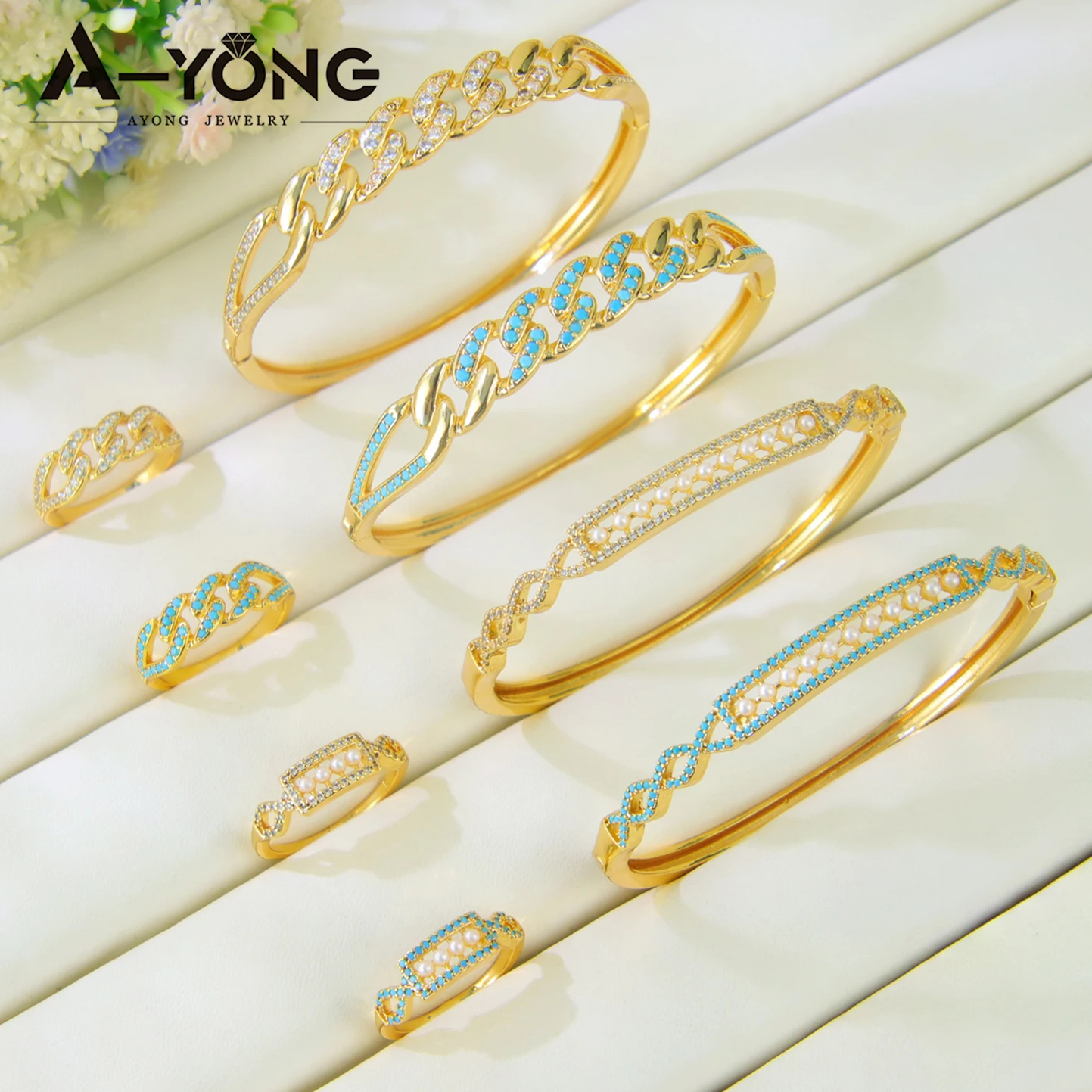 

Italian Fashion Zirconia Bracelet Ring 21k Gold Plated Ethiopia Pearl Hollow Charm Cuff Bangles Brazilian Women Party Jewelry