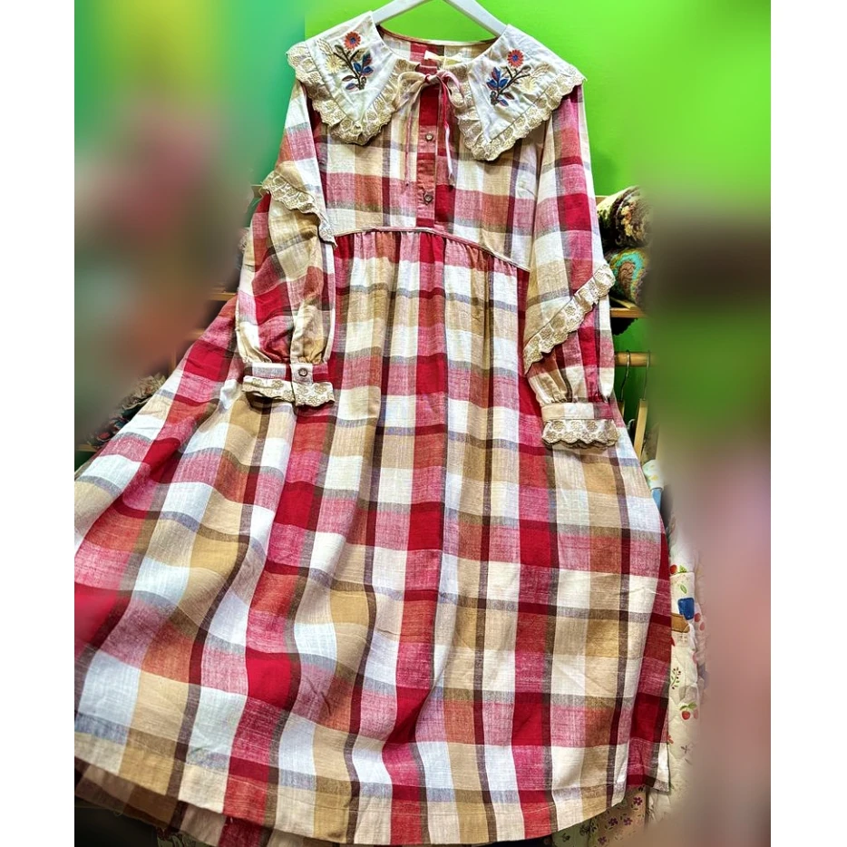 

Vintage Linen Plaid Floral Embroidery Ruffled Lace Cottage Core Midi Dress for Women Retro Shabby Victorian Rococo Long Dress