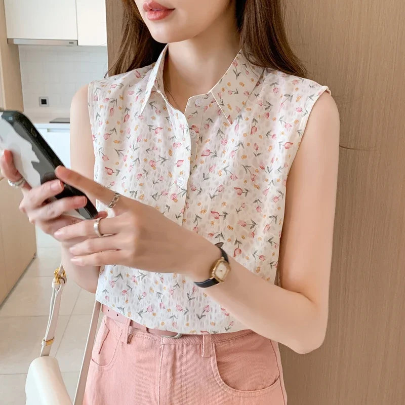 Summer Women\'s Blouse Floral Elegant Shirt Sleeveless Tank Tops Blouses Chiffon Female Clothing Office Lady Shirts and Blouses