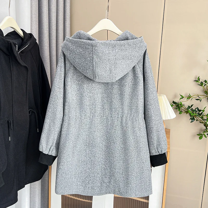 Womens Plus Size Autumn Winter Woolen Coat Casual Clothing MD-LONG Drawstring Waist Hooded Outwear Curve Overcoat S6 5709