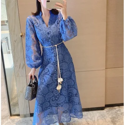 Luxury Boho Party 2022  A-Line Vintage High Waist Dresses for Women Embroidery Runway Autumn Spring Woman Dress Lace Elegant