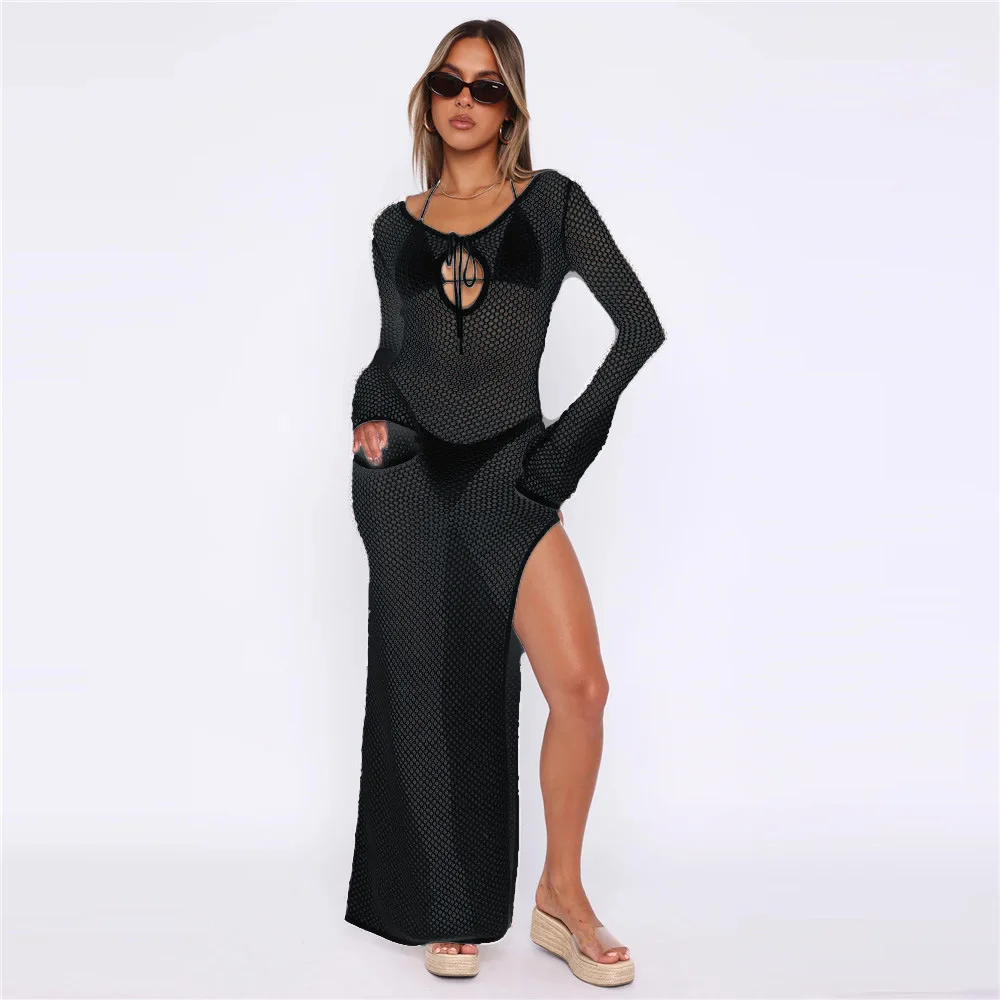 Prowow Sexy Crochet Knitted Women\'s Cover-ups Hem Slit Solid Color Female Beach Maxi Dress Hollow Out Holiday Beach Wear