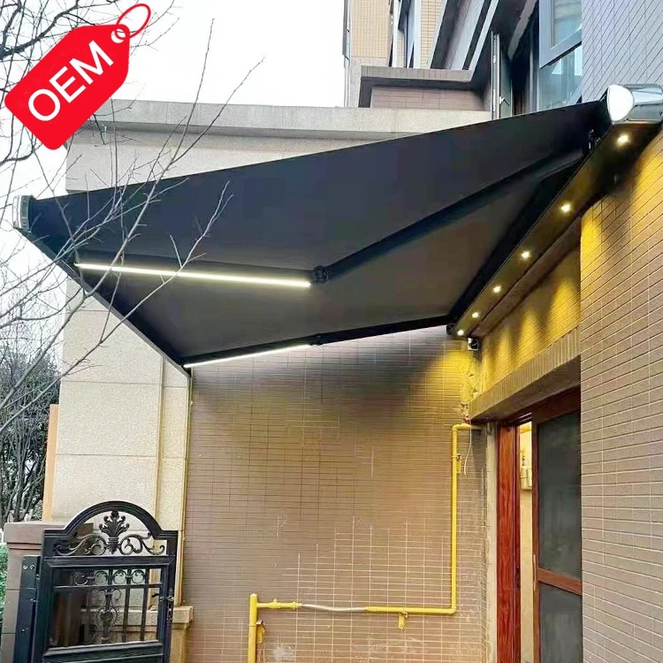 Custom Commercial Motorized Folding Arm Cassette Retractable Tarpaulin Terrace Sunshade Awning Pressure Treated Balcony Canopy