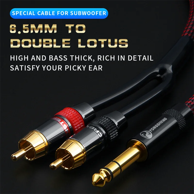 QINCROWN OFC Copper Monster Big 6.5mm to 2 RCA Double Lotus One Point Two Audio AUX Cable Mixer Amplifier Interface Wire