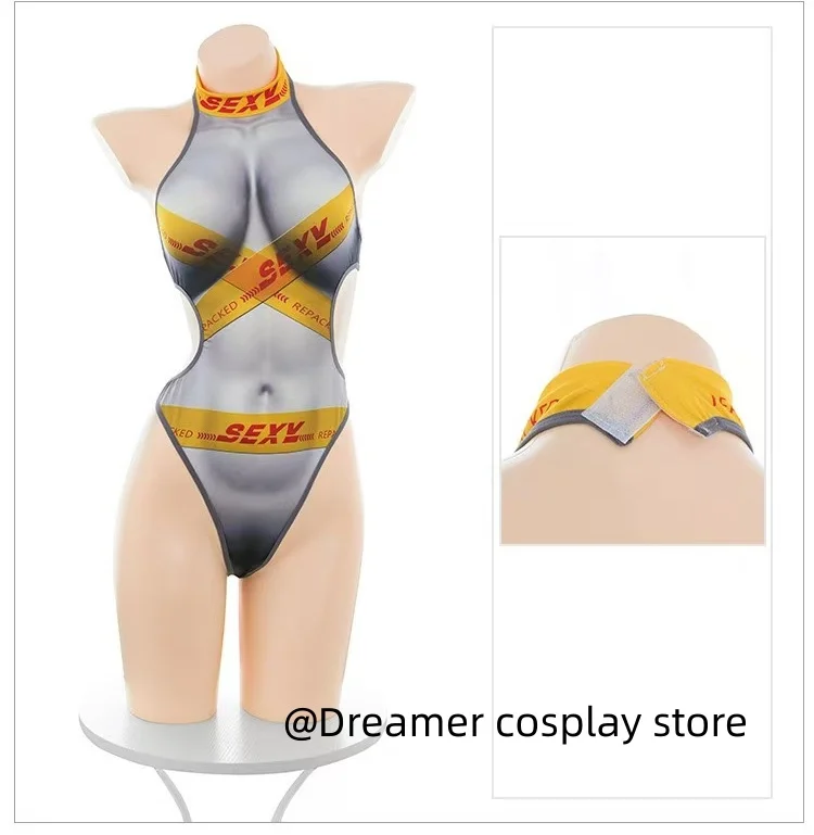 

Yellow Tape Tie Up Bind Printing Bodysuit Uniform Tight Jumpsuit Outfits Cosplay Costume