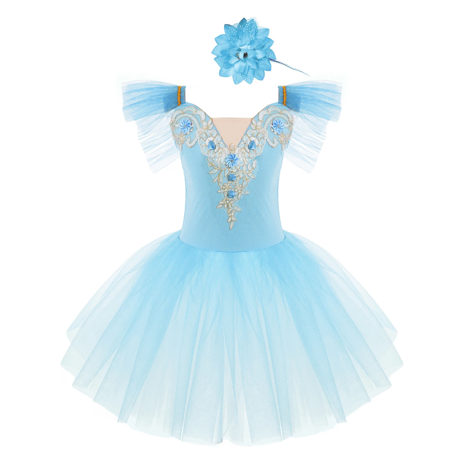 

Children Girls Ballet Performance Dress Shiny Sequins Puff Sleeve Layered Tutu Skirt for Ballroom Prom Stage Recital Shows