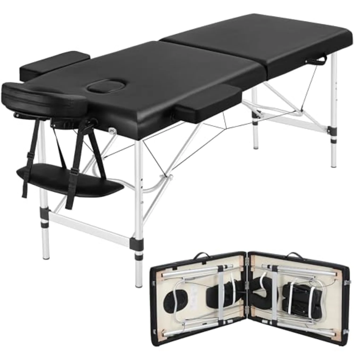 Portable Massage Table Foldable, Adjustable Salon Lash Bed, Black | Sturdy aluminum frame and cushioned PVC leather