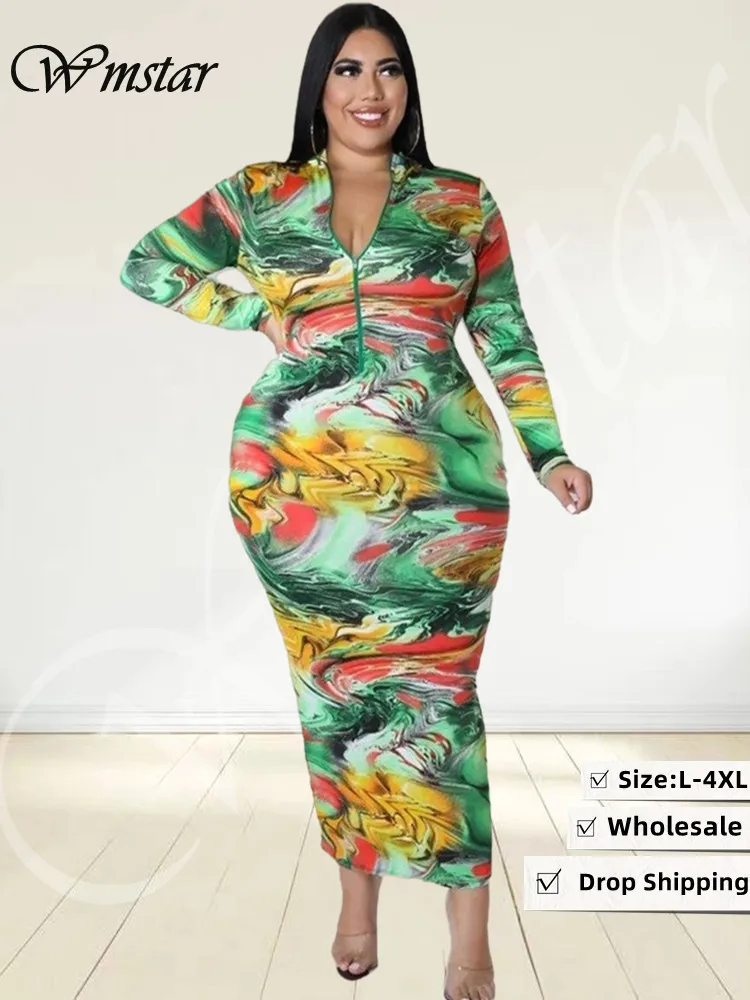 Wmstar Plus rozmiar sukienki Tie Dye Bodycon kobiety ubrania z długim rękawem Zipper powrót Casual Fashion Maxi sukienka hurtownia Dropshipping