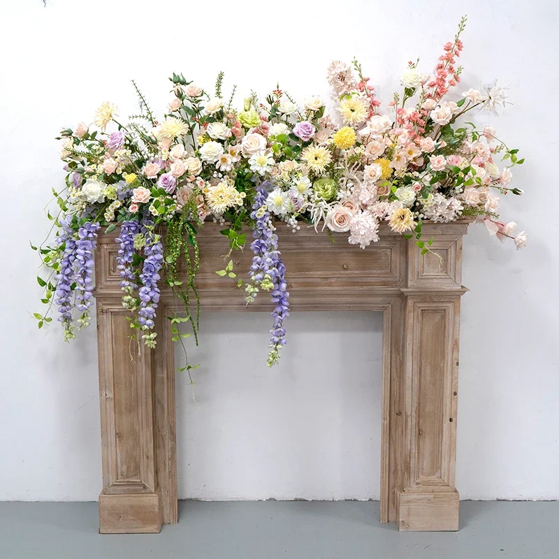 

interior decoration fireplace simulation flower wall background arrangement simulation fake flower long table flower