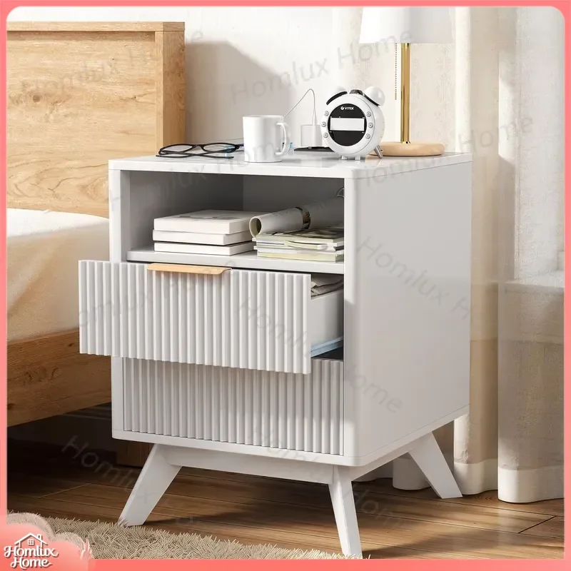 Mid Century Bedside Table with LED Light USB AC Socket Charging Station Single Drawer Open Shelf Eco Friendly Assembly