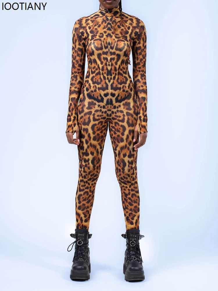 

Halloween Leopard Print Cosplay Women Jumpsuit Animal Theme Party Zentai Suit Unique Morphsuit Festival Bodysuit Rave Outfit New