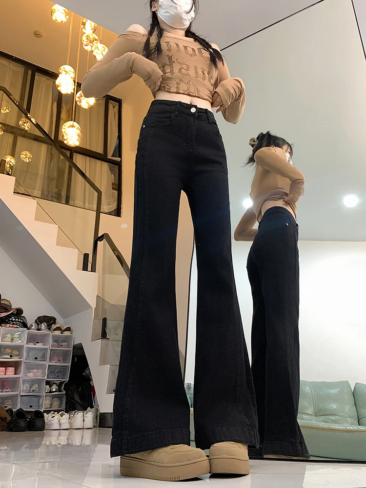 Hohe Taille Ausgestellte Jeans Damen Winter Thiened Fce Lose Weites Bein Bodenlangen Bootcut Denim Hosen Casual Sle