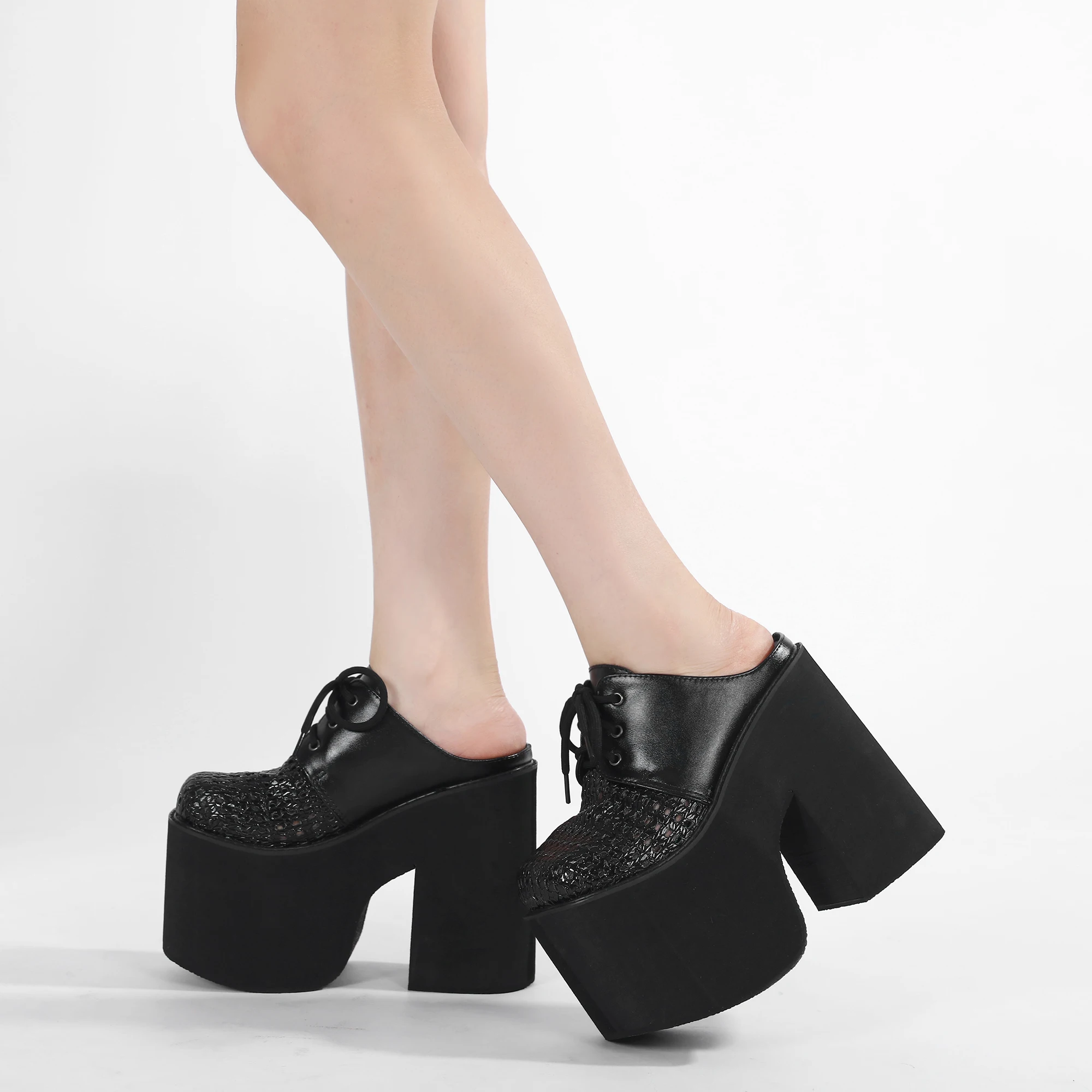 Gdgydh Damen Mules Schnür-Plateau-Sandalen für Frauen, klobiger Absatz, ausgehöhlte High-Heels-Schuhe, Keilabsatz, Sommer-Slingback-Schuh – Detail 3