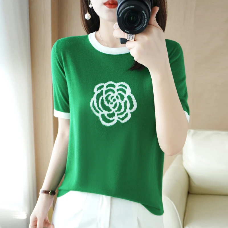 Spring/Summer New High-End Women\'s Pullover Patchwork Color Camellia Embroidery Fashion Short-Sleeved T-Shirt Knitted Top