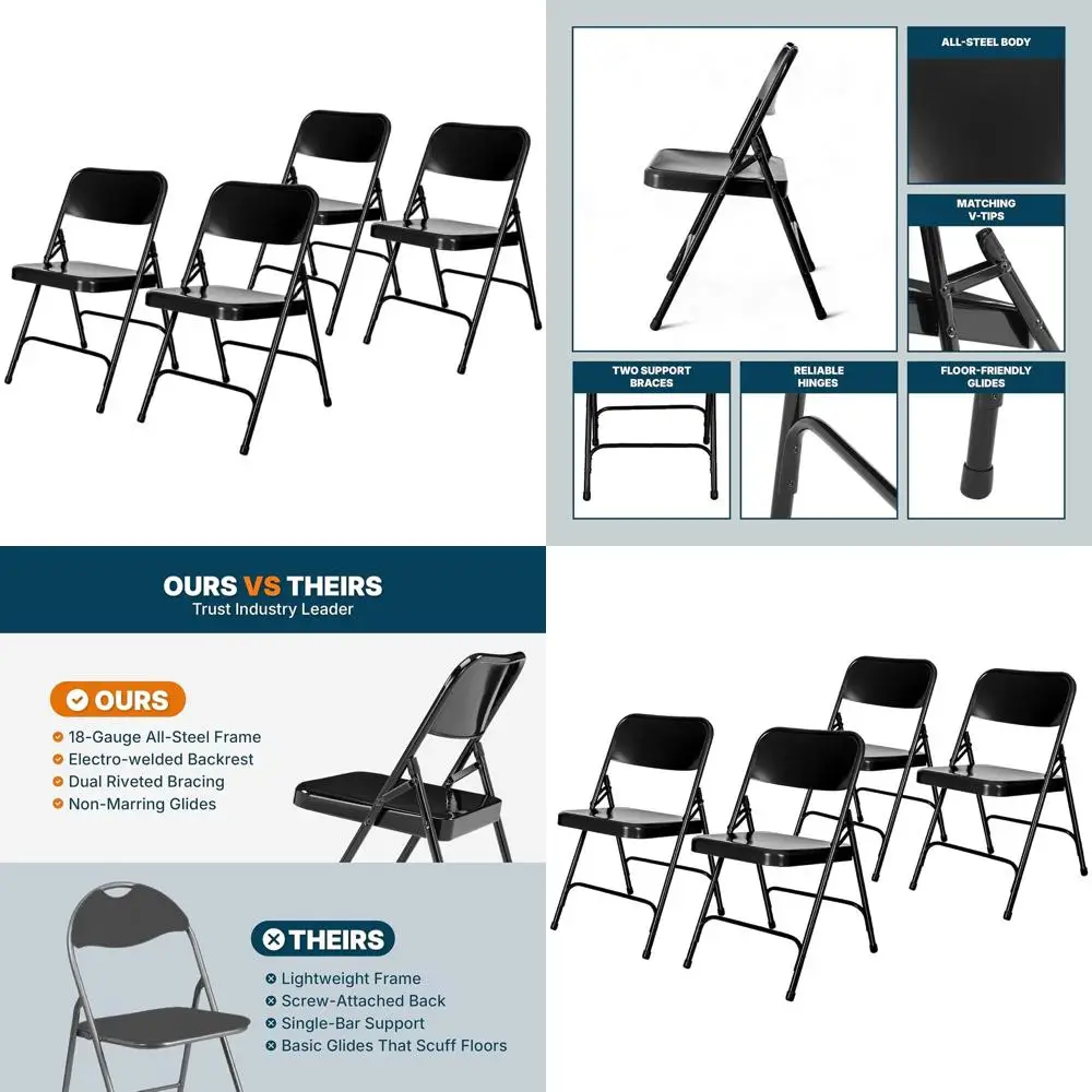 

Heavy-Duty Steel Folding Chairs, Commercial Grade with Dual Braces, 500 lb Capacity, 4-Pack Black