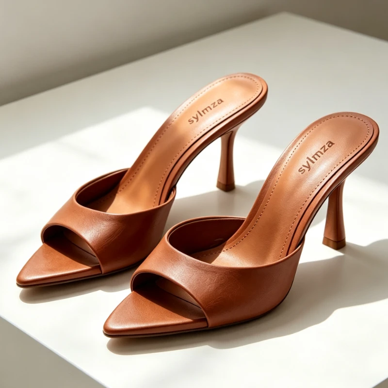 Sexy Pointed-Toe Open-Toe Mules Sandals Women Brown Soft Leather Backless High Heels for Ladies Luxury Designer Stiletto Slipper
