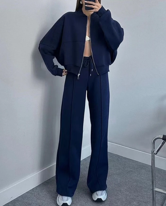 Solid Color Zipper Loose Sweatshirt Jacket Paired with Casual Versatile High Waisted Lace Up Loose Wide Leg Sports Pants Set