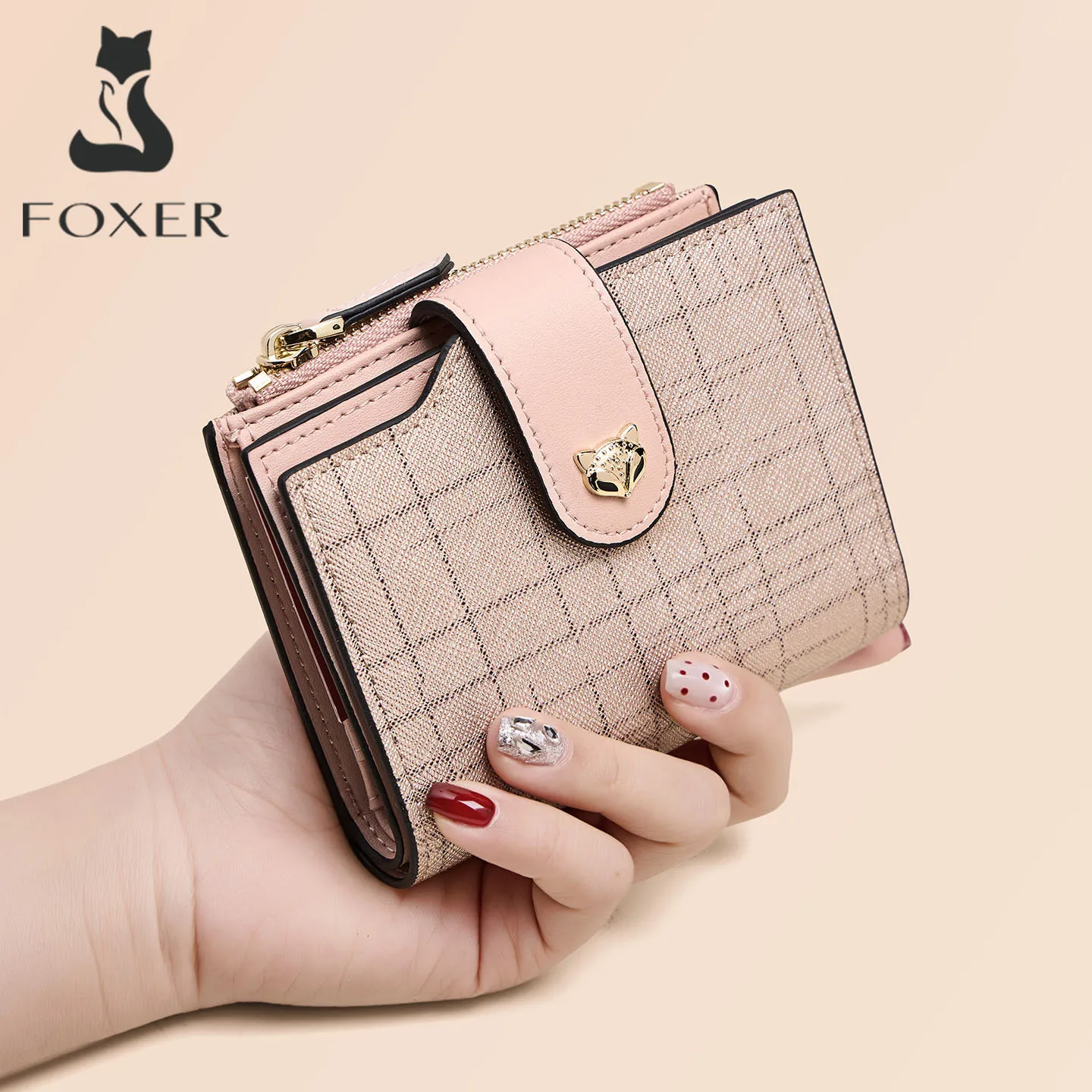 FOXER 2026 New Women's Short Wallet Cowhide Leather High Quality Clutch Card Purse Mini Fashion Female Folding Anti-theft Purse