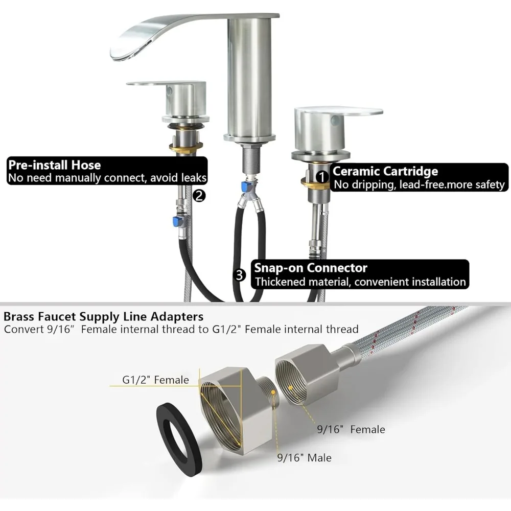 ブラッシュドニッケル 3穴 2ハンドル デッキマウント式 ローマンタブおよびガーデンタブ用蛇口（フィラー付き）