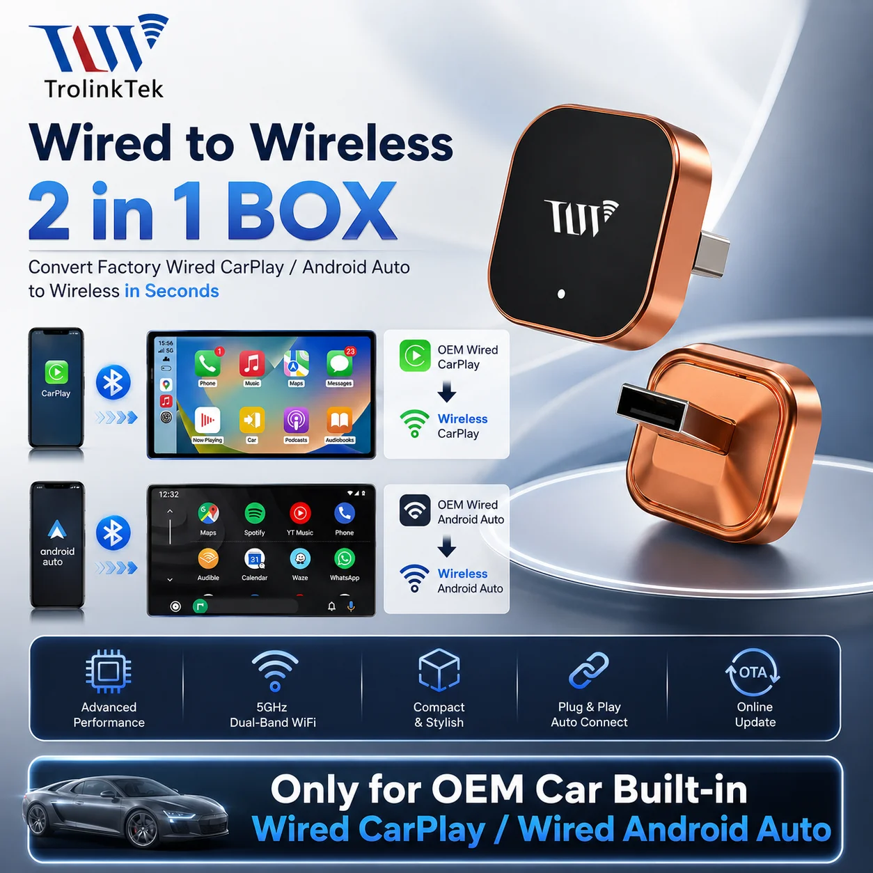 2 IN 1 Wireless Carplay Adapter, Wireless Control Plug & Play Carplay,Converts Wired to Wireless carplay Adapter for iPhone,