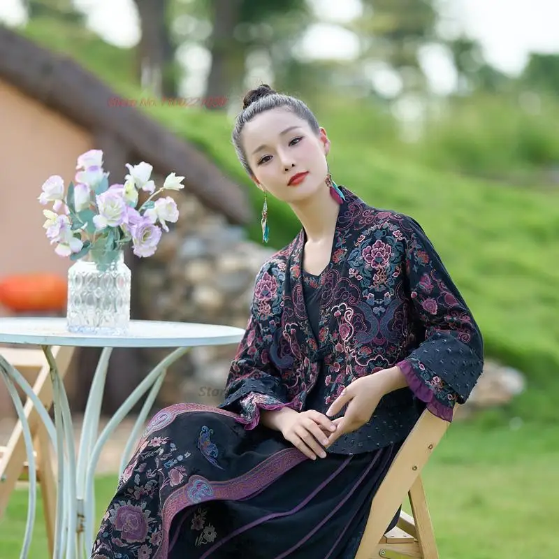 2026 chinese vintage hanfu coat national flower embroidery v-neck ethnic cardigan improved hanfu tops oriental retro tang suit
