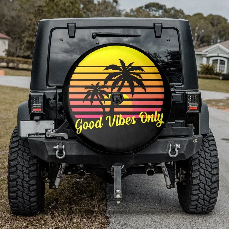 Good Vibes Only Sunset Palm Spare Tire Cover, Custom Personalized Tire Cover, Gift for Car Lover, RV SUV Tire Cover, Car Accesso