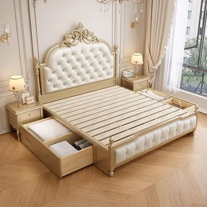 French light luxury solid wood bed 2.0 meters double princess bed height PC and console game lying marriage bed 1.8 meters leath