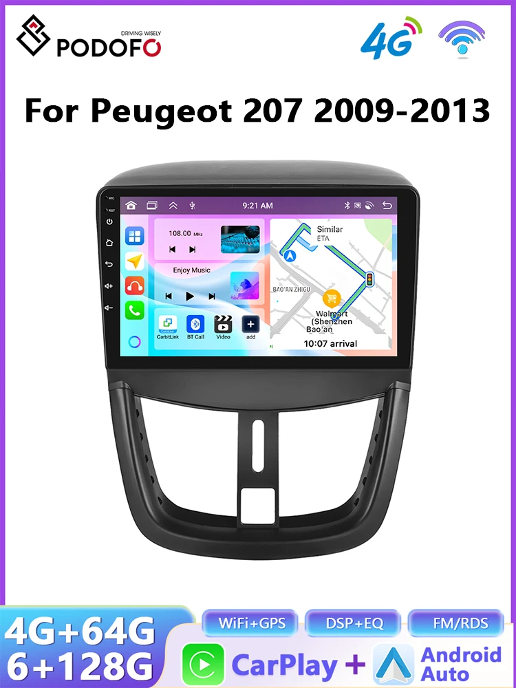 Podofo draadloze CarPlay Android Auto autoradio voor Peugeot 207 2009-2013 GPS navigatie 2Din multimediasysteem autoradio stereo - afbeelding 2